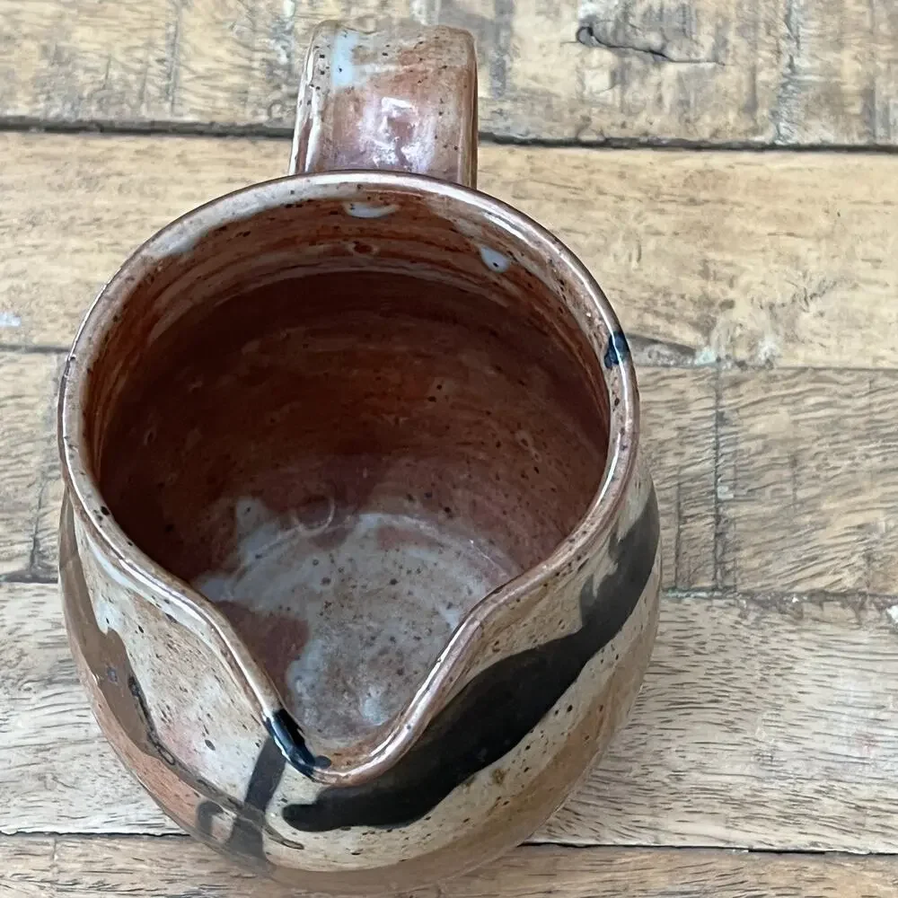 Art Studio Pottery Creamer Pitcher 4.5 in Rustic Texture Orange Tan & Blue Glaze